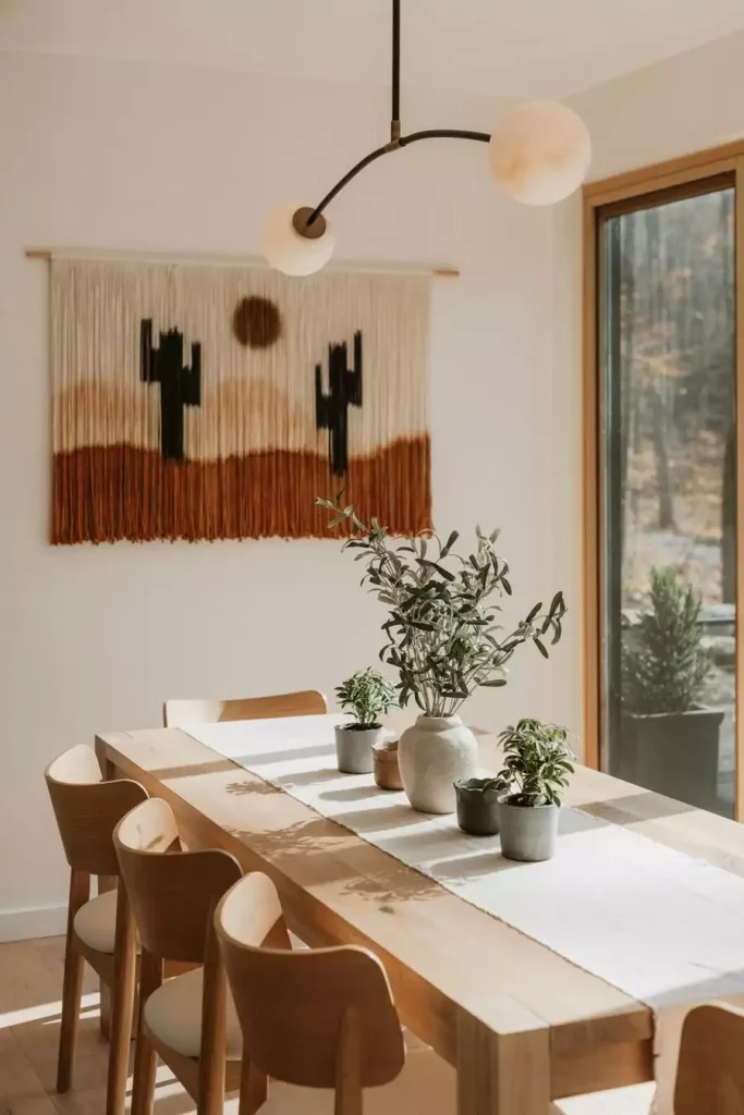 A desert cactus fiber wall hanging in rust and cream adds boho Dining Wall Decor above a light oak dining table