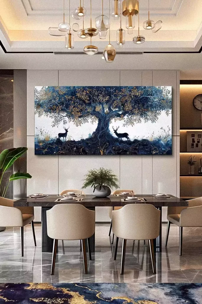 A Large Blue And Gold Tree Of Life Canvas With Two Deer Serves As Luxe Dining Wall Decor In A Modern Dining Room