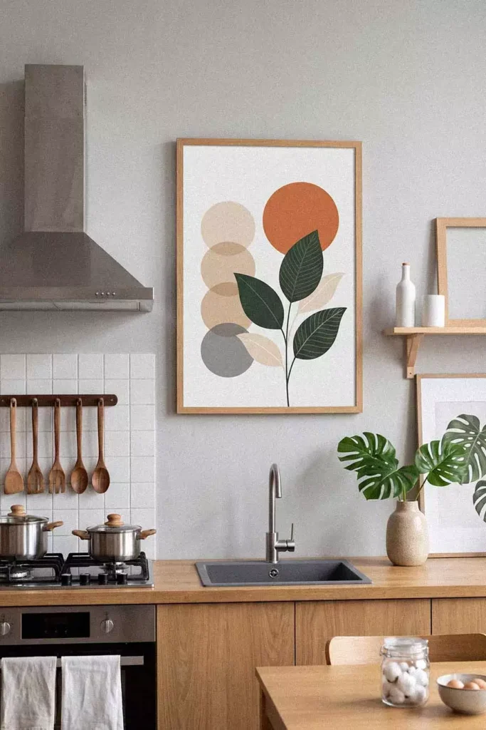 Abstract Leaf Art Print In A Wood Frame Adds Minimalist Kitchen Wall Decor Above The Counter