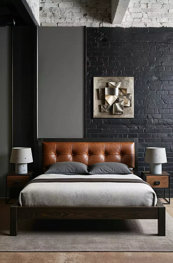 Abstract metallic wall sculpture as industrial over the bed wall decor on a black brick wall