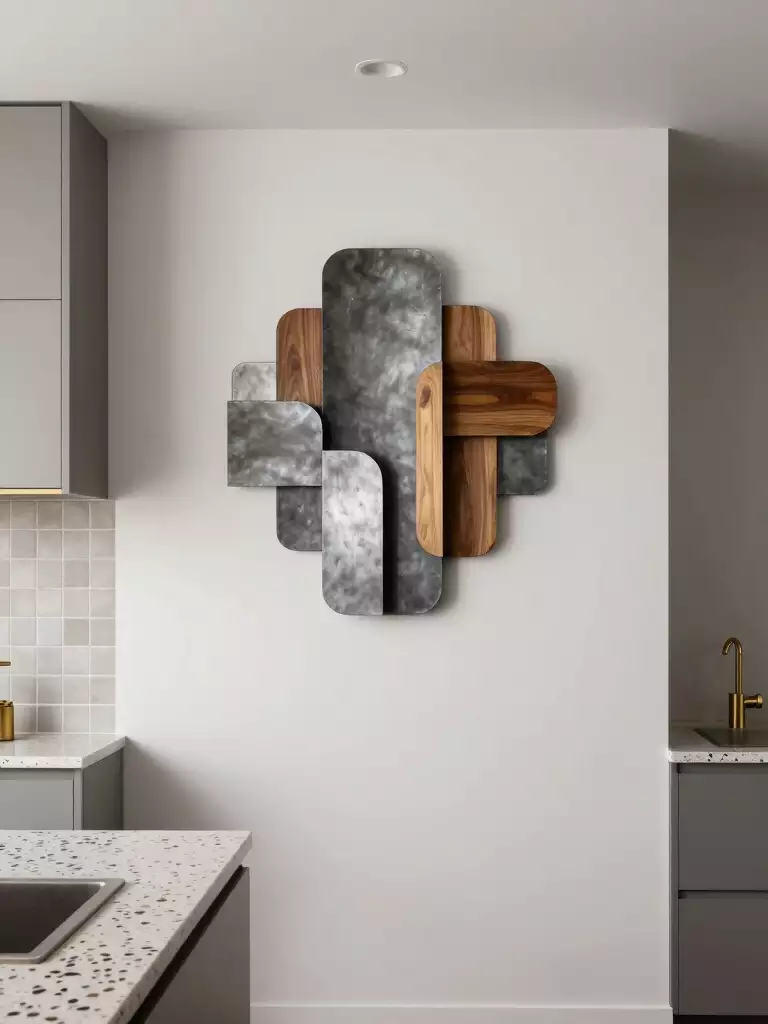 Abstract wood and metal panel sculpture on a modern kitchen wall