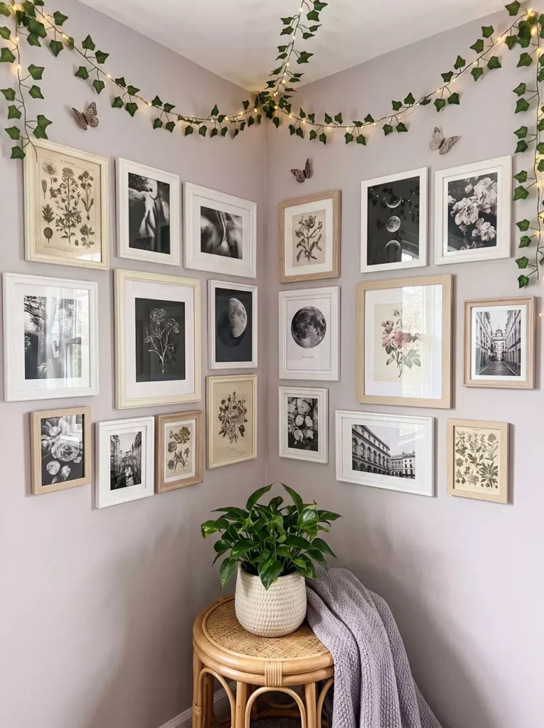 Aesthetic gallery Corner Wall Decor with moon prints, botanical art, ivy fairy lights and rattan stool