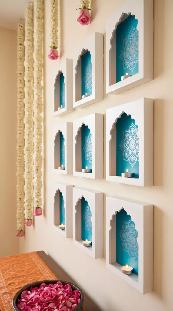 Arch-shaped niche boxes with teal mandalas, a modern take on Diwali wall decor
