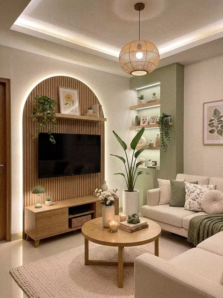 Arched Wood Slat TV Wall Nook Styled With Sage Green Accents And Trailing Plants
