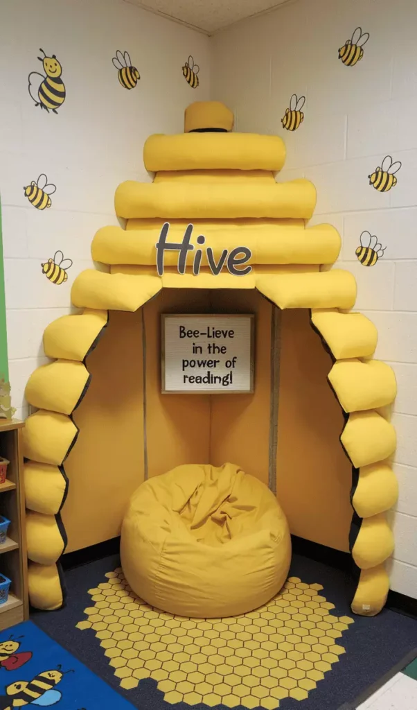 Beehive Shaped Reading Nook Corner With A Bee Lieve In The Power Of Reading Sign