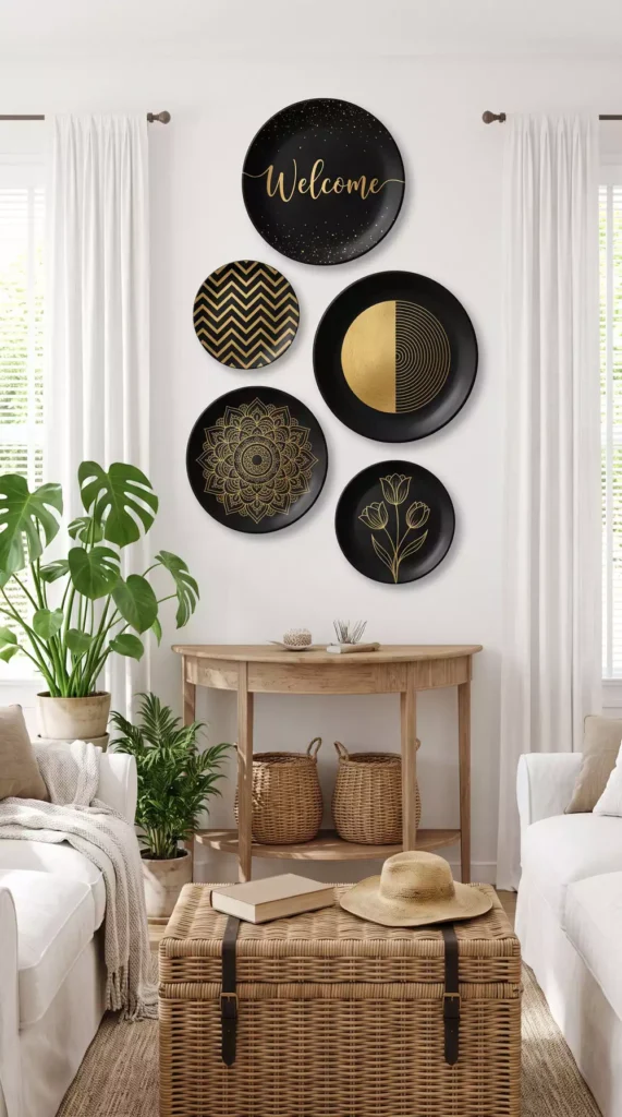 Black and gold Welcome plate wall decor above a rattan console table