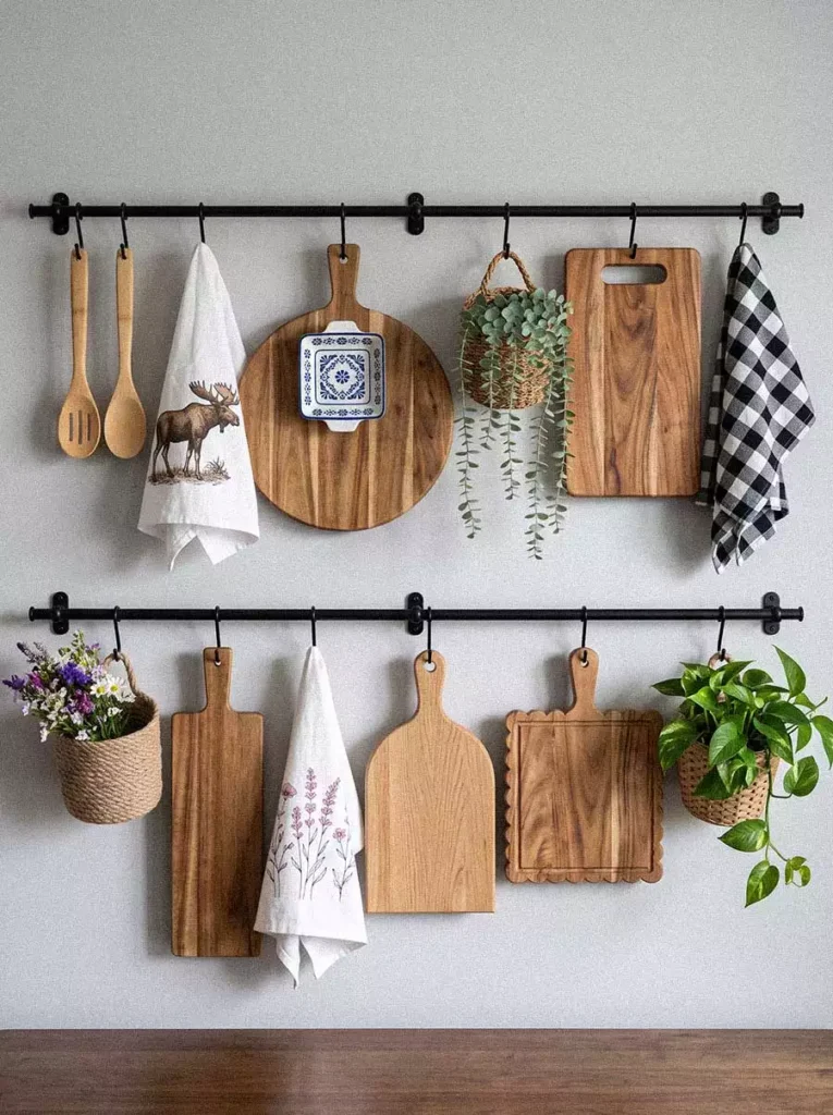 Black Wall Rails Holding Cutting Boards Tea Towels And Hanging Planters For Practical Kitchen Wall Decor