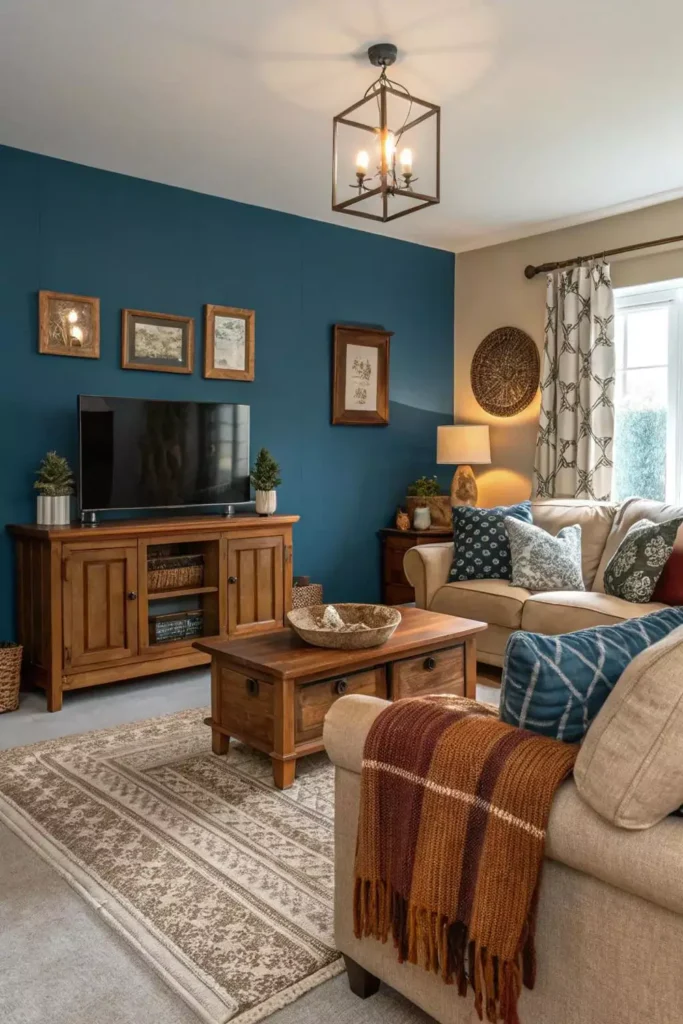Blue Accent Wall Living Room Paired With Warm Wood Furniture