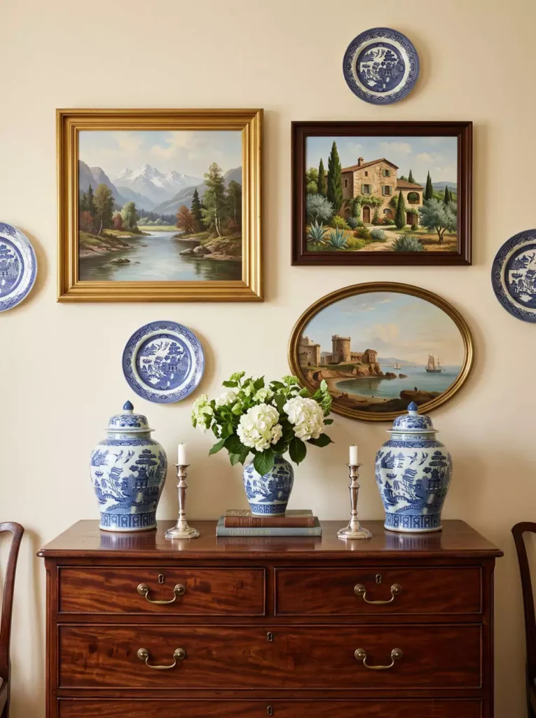 Blue and white plate wall decor paired with framed landscape paintings above a dresser
