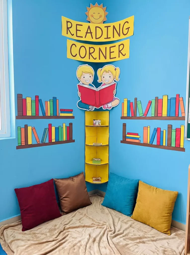 Blue Classroom Reading Corner Setup With Reading Corner Wall Decor And Bookshelf Decals