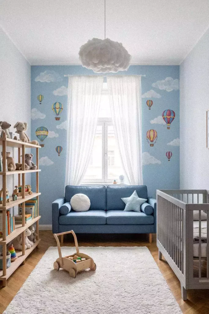 Blue nursery wall decor with hot air balloon and cloud decals behind a denim sofa and gray crib