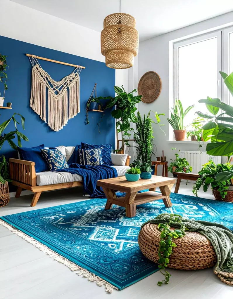 Bohemian Living Room Featuring A Cobalt Blue Wall Macrame Hanging And Lush Potted Plants
