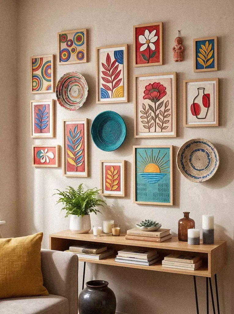 Bohemian Wall Art Decor Gallery With Woven Plates And Floral Prints