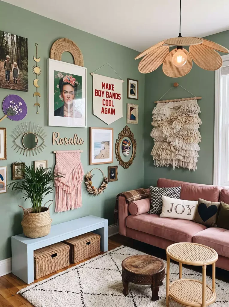 Bohemian living room decor with sage green gallery wall, pink velvet sofa and rattan flower pendant light