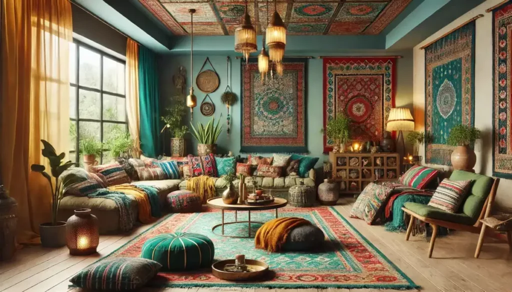 Bohemian living room with layered textile tapestries as Indian wall decor against teal walls