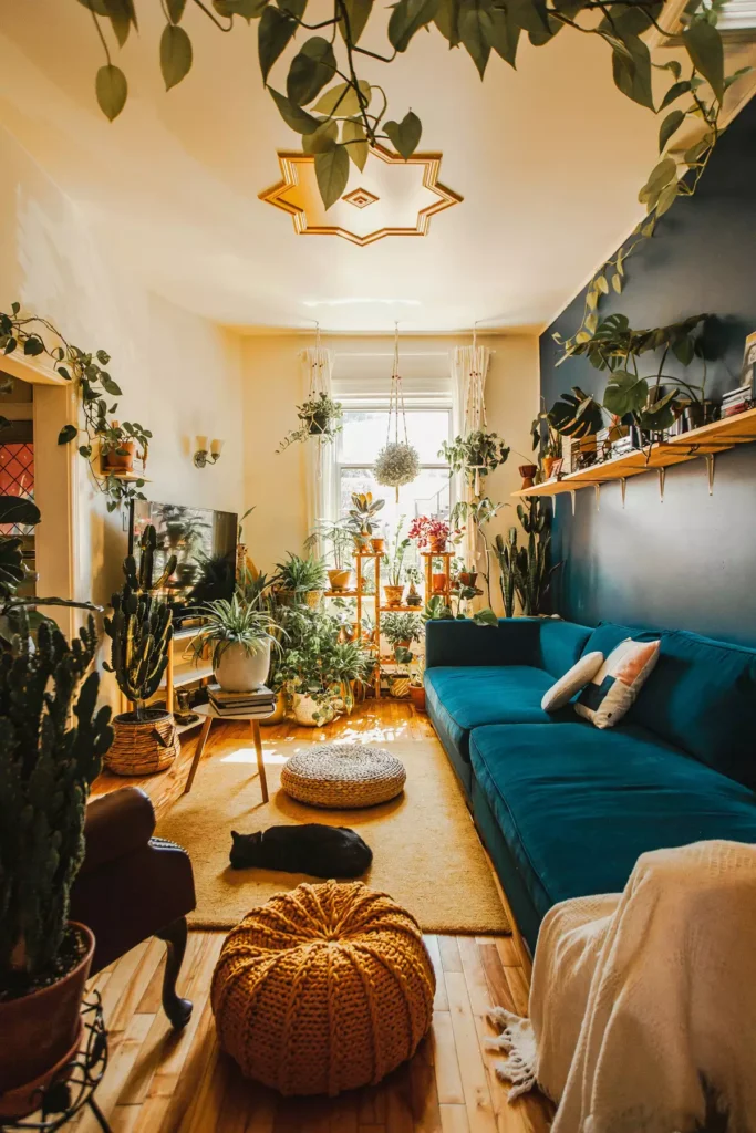 Bohemian Tan Wall Living Room With A Navy Accent Corner And A Teal Velvet Sofa