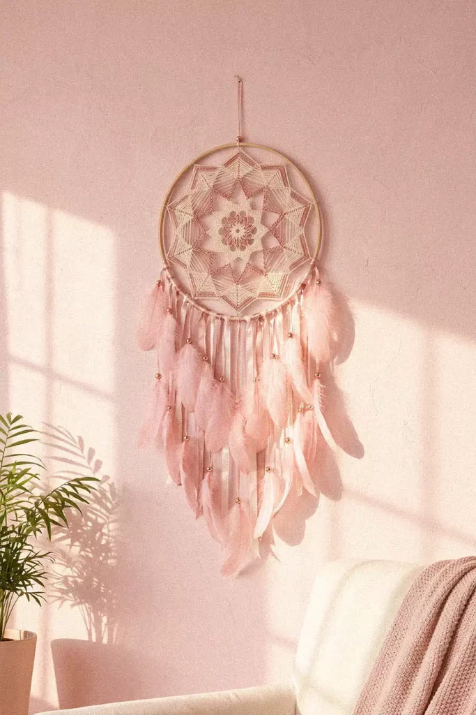 Boho Feather Dream Catcher Pink Wall Decor With Soft Hanging Plumes