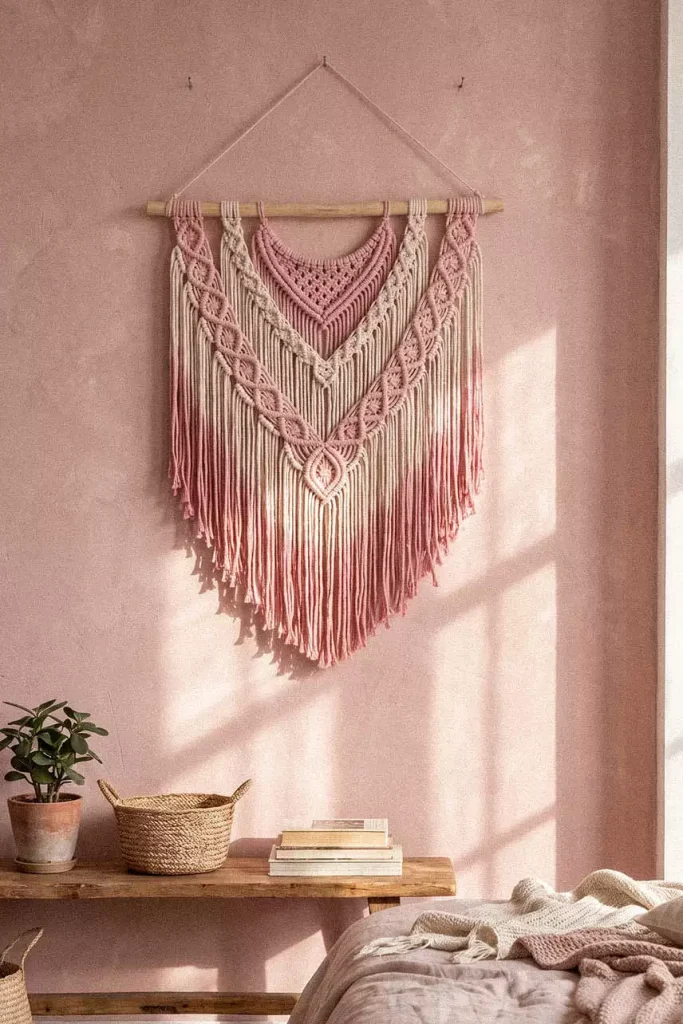 Boho Macrame Pink Wall Decor In A Dusty Pink Bedroom