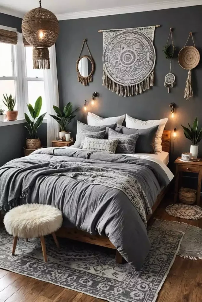 Boho charcoal grey bedroom wall with woven macrame tapestry and hanging baskets