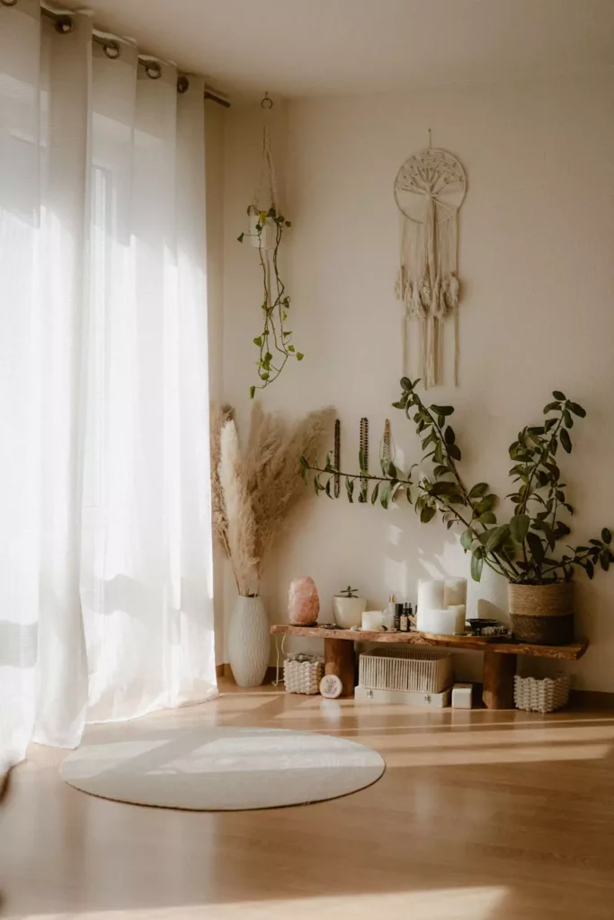 Boho zen Corner Wall Decor with macrame hanging, pampas grass and wooden bench with candles