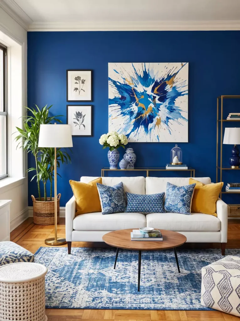 Bold Blue Living Room Wall Behind A Splash Art Canvas And Mustard Pillows