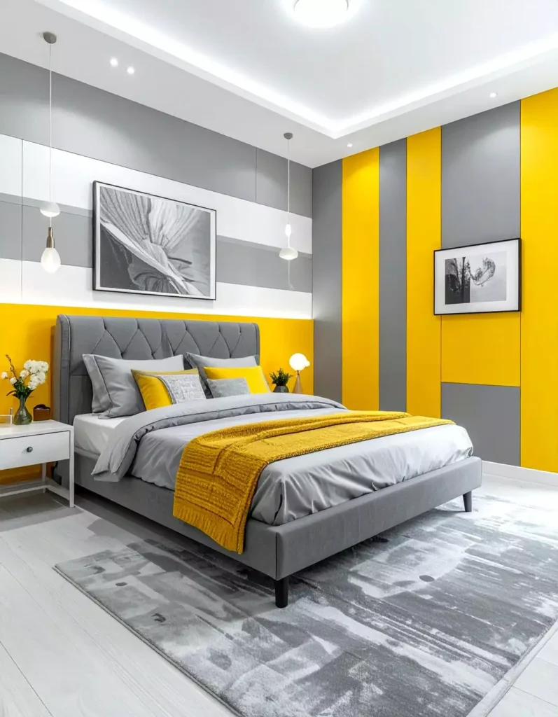 Bold grey and yellow striped bedroom wall behind a tufted grey upholstered bed