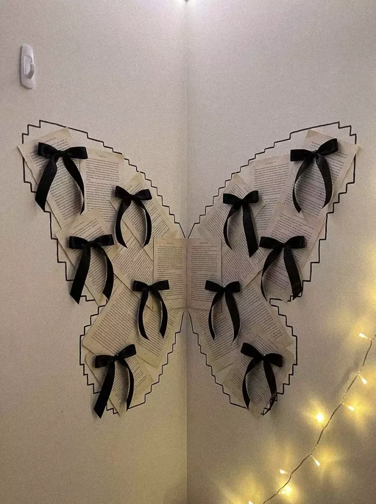 Book Page Butterfly Wall Corner Decor With Black Bow Accents And Fairy Lights