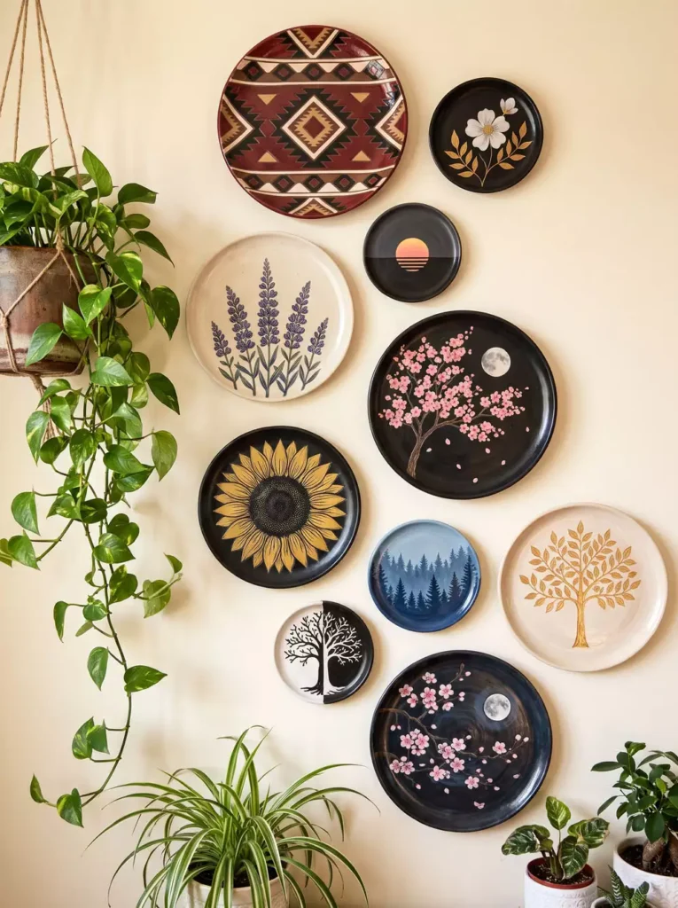 Botanical and nature-themed plate wall decor beside a hanging trailing plant