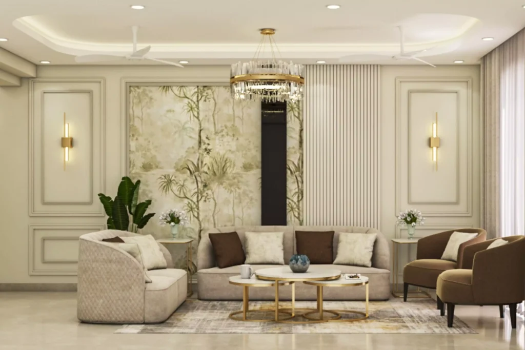 Botanical mural wall decor panel in elegant living room with gold accents