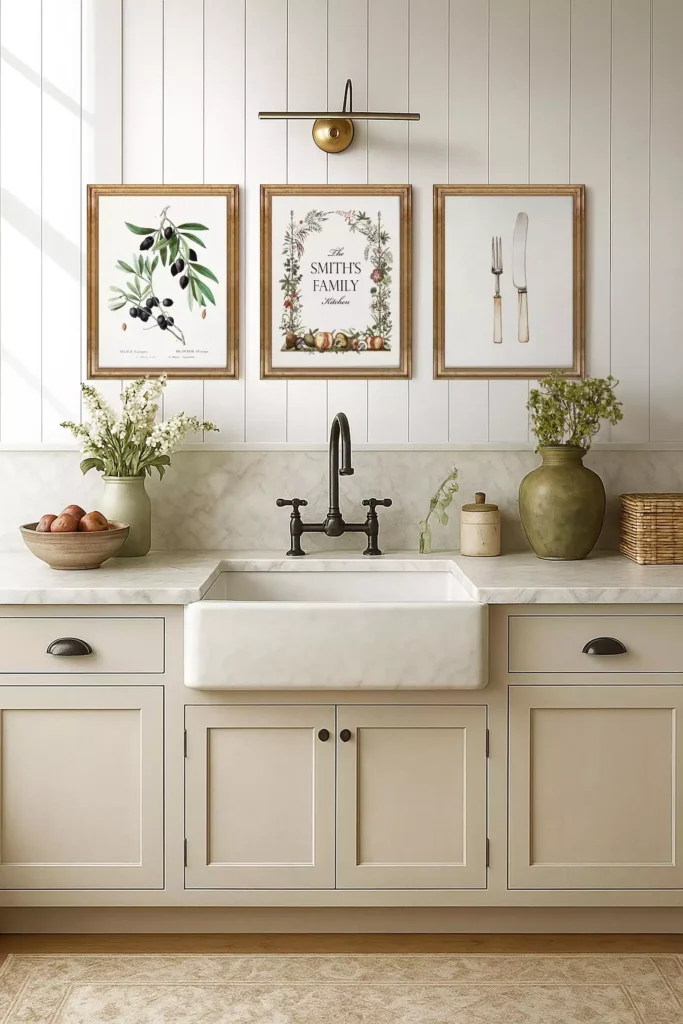 Botanical print trio above a farmhouse sink on a paneled kitchen wall