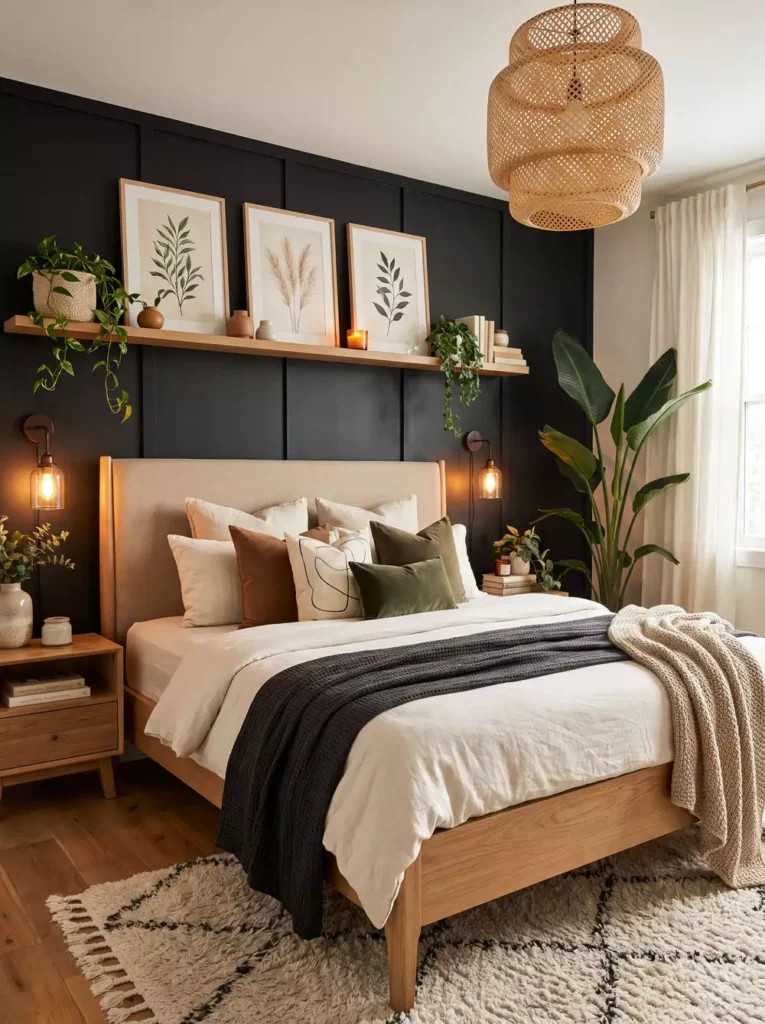 Botanical print trio and woven pendant as boho over the bed wall decor
