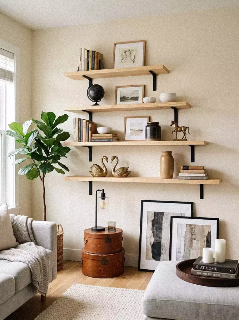 Bracket Style Wall Shelf Decor Arranged In A Neutral Living Room