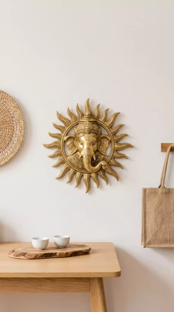Brass sunburst Ganesha sculpture as an elegant piece of Diwali wall decor