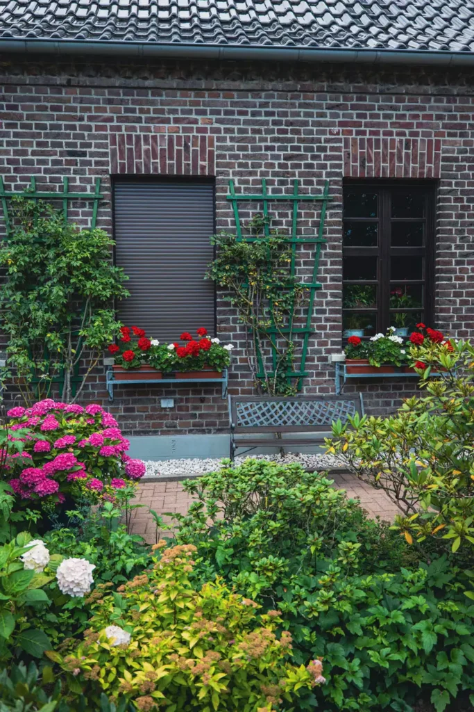 Brick House Wall Decorated With Trellises Window Boxes And A Garden Bench