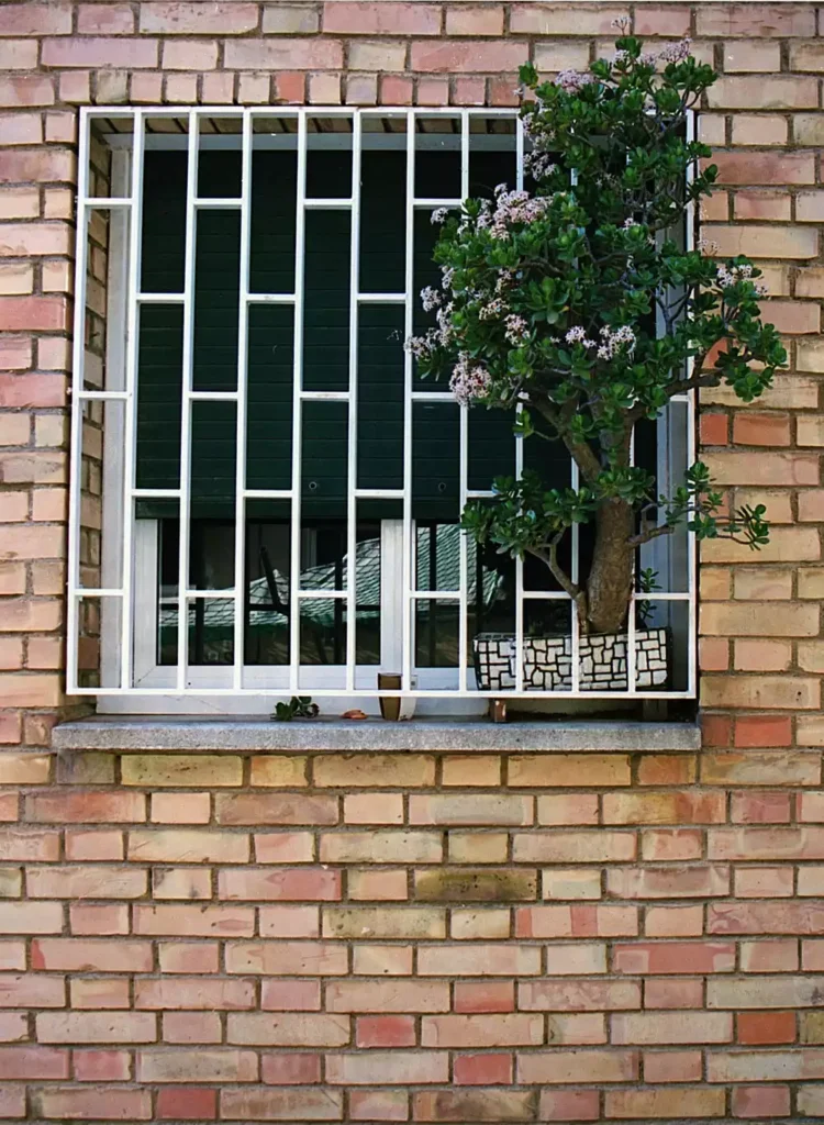Brick Wall Window Framed By A Flowering Potted Tree In Barcelona