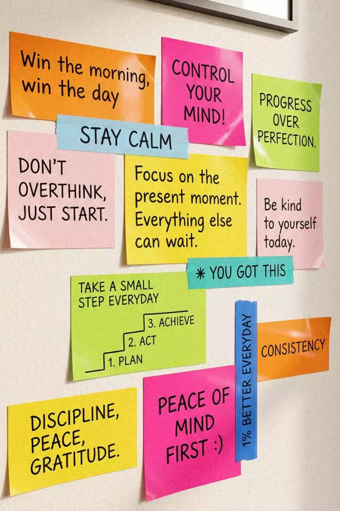Bright Motivational Quotes Sticky Notes Wall in Orange Pink Green and Yellow with a Small Steps Staircase Diagram