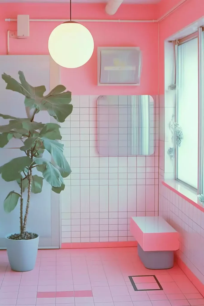 Bright Pink Wall Decor Bathroom With Grid Tile And A Potted Fig Tree