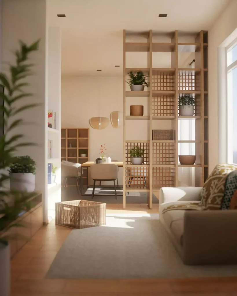 Bright tan wall living room with a wooden lattice room divider filled with potted plants