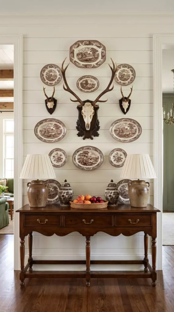 Brown Transferware Plate Wall Decor Surrounding A Mounted Antler And Skull Display