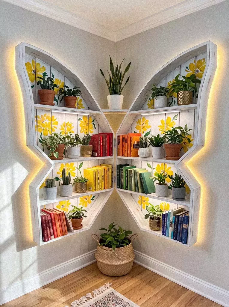 Butterfly Shaped Wall Shelf Decor With Books And Trailing Plants