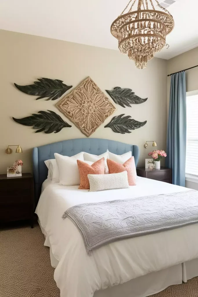 Carved leaf and medallion wall art as bohemian over the bed wall decor above a blue headboard