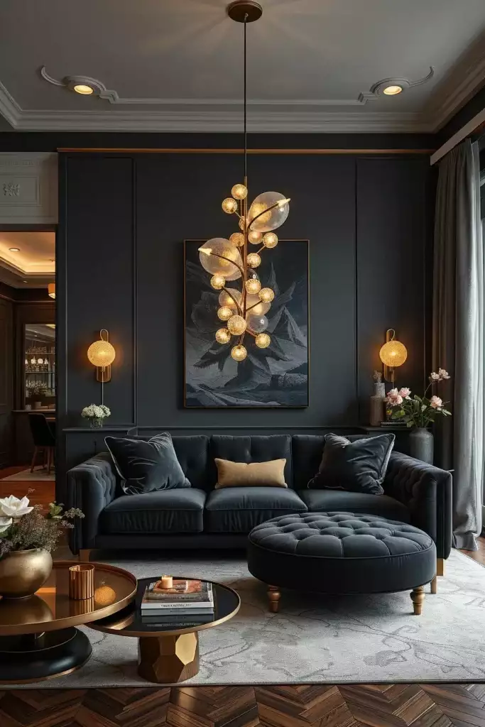 Charcoal paneled above sofa wall with a glowing branch chandelier