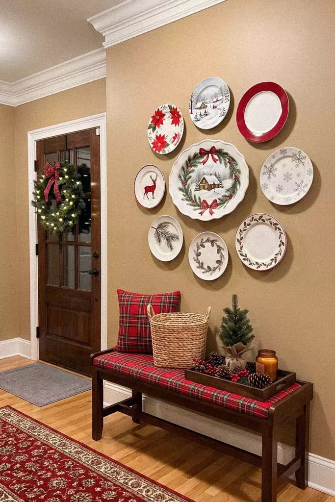 Christmas Wall Gallery Of Holiday Plates Arranged Above A Plaid Bench In A Cozy Entryway