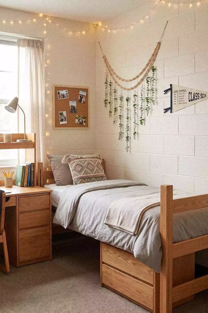 Cinder Block Dorm Wall Decor With String Lights A Corkboard And A Hanging Plant Garland Above A Twin Bed