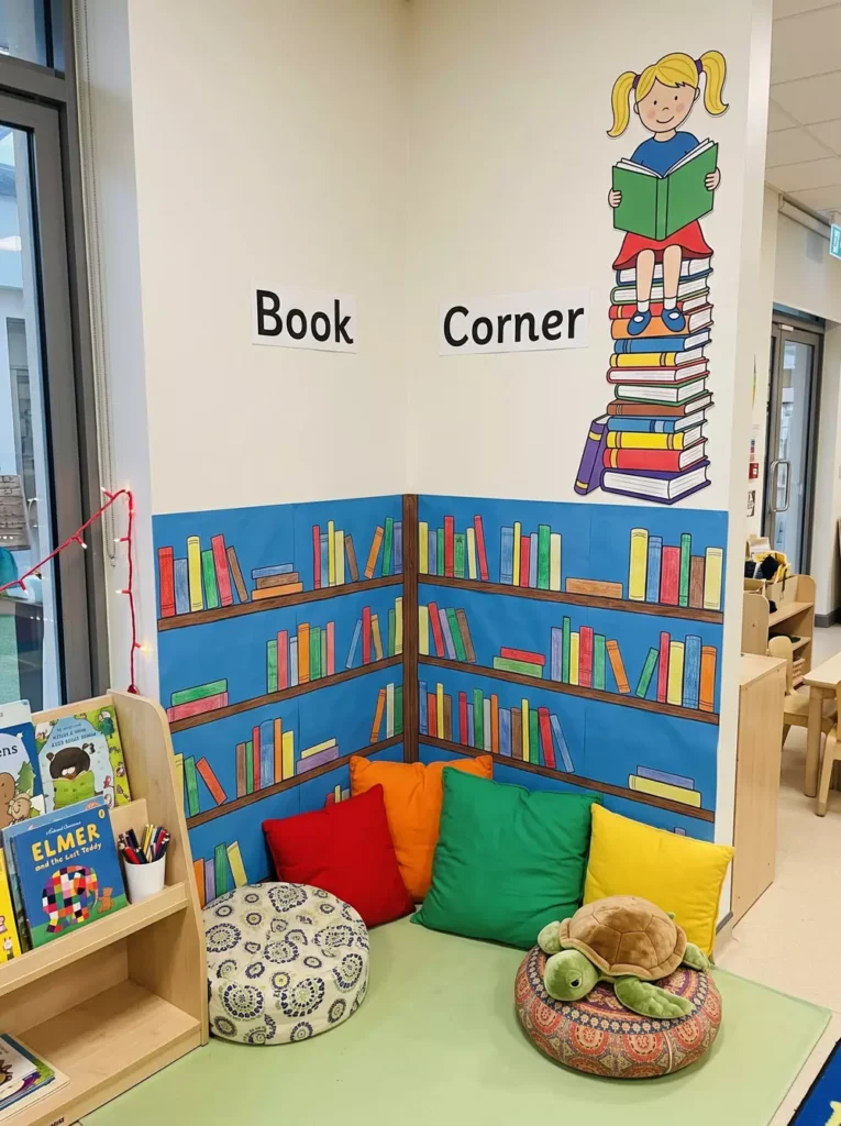 Classroom Book Corner Wall Decor With A Girl On Books Mural And Painted Bookshelf Backdrop