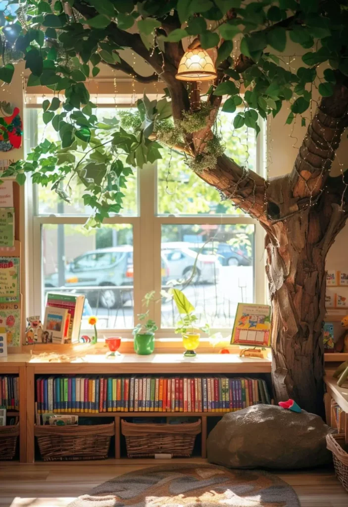 Classroom Reading Corner Built Around A Real Tree Branch Beside A Sunny Window