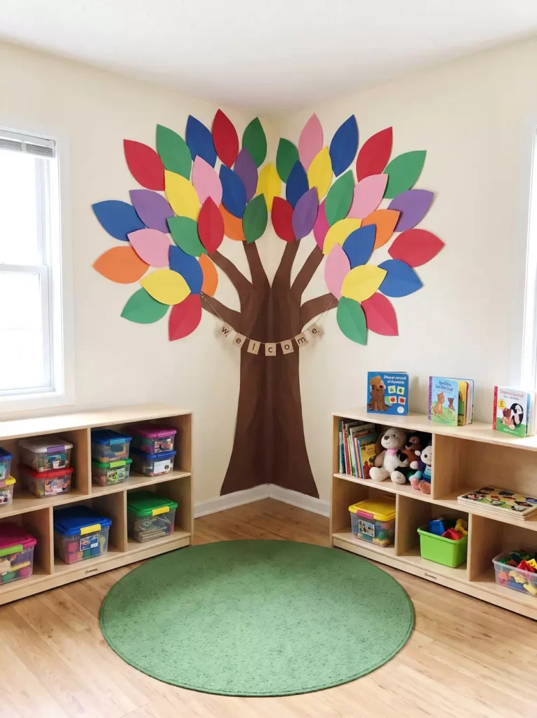 Classroom Reading Corner With A Colorful Paper Leaf Tree And Welcome Banner