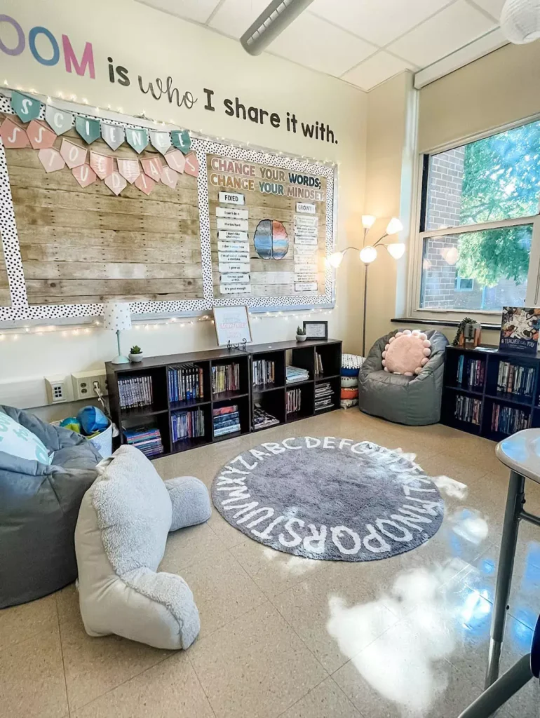 Classroom Reading Corner With A Fairy Light Bulletin Board And Alphabet Floor Rug