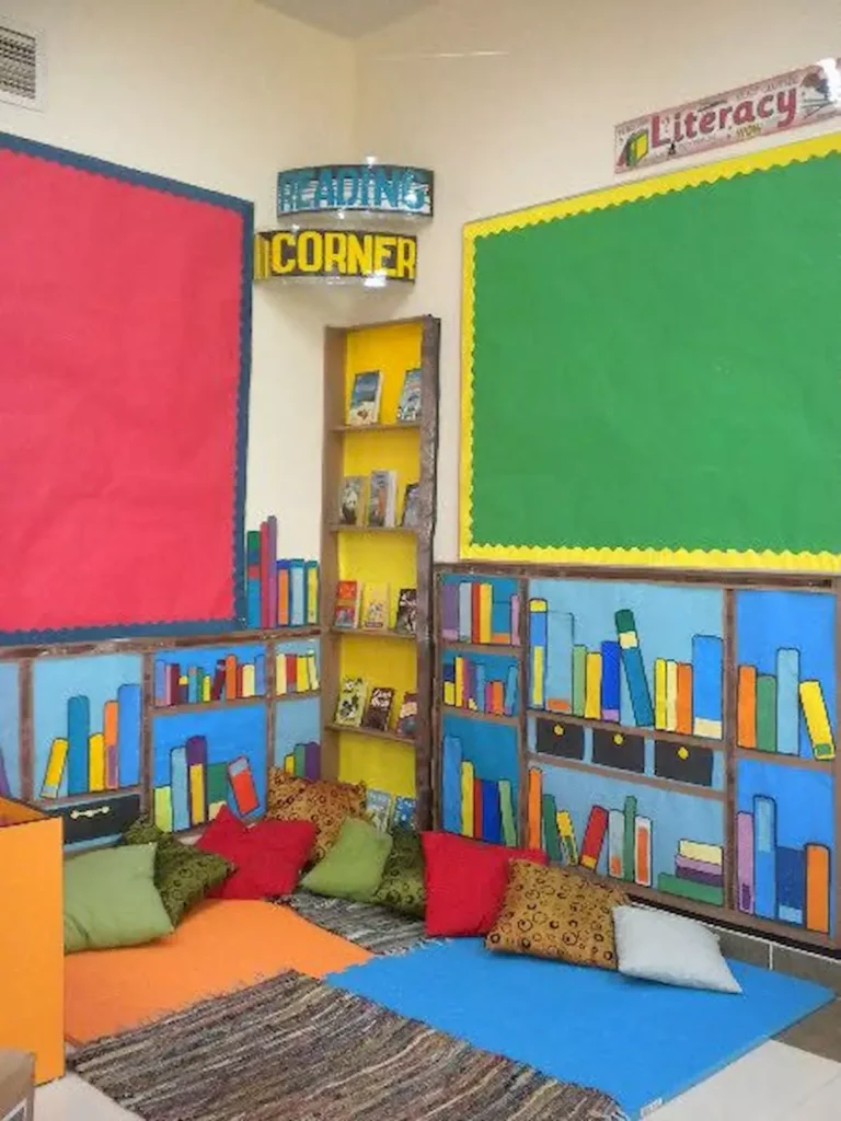 Classroom Reading Corner With A Lit Reading Corner Sign And Colorful Bookshelf Wall Decor