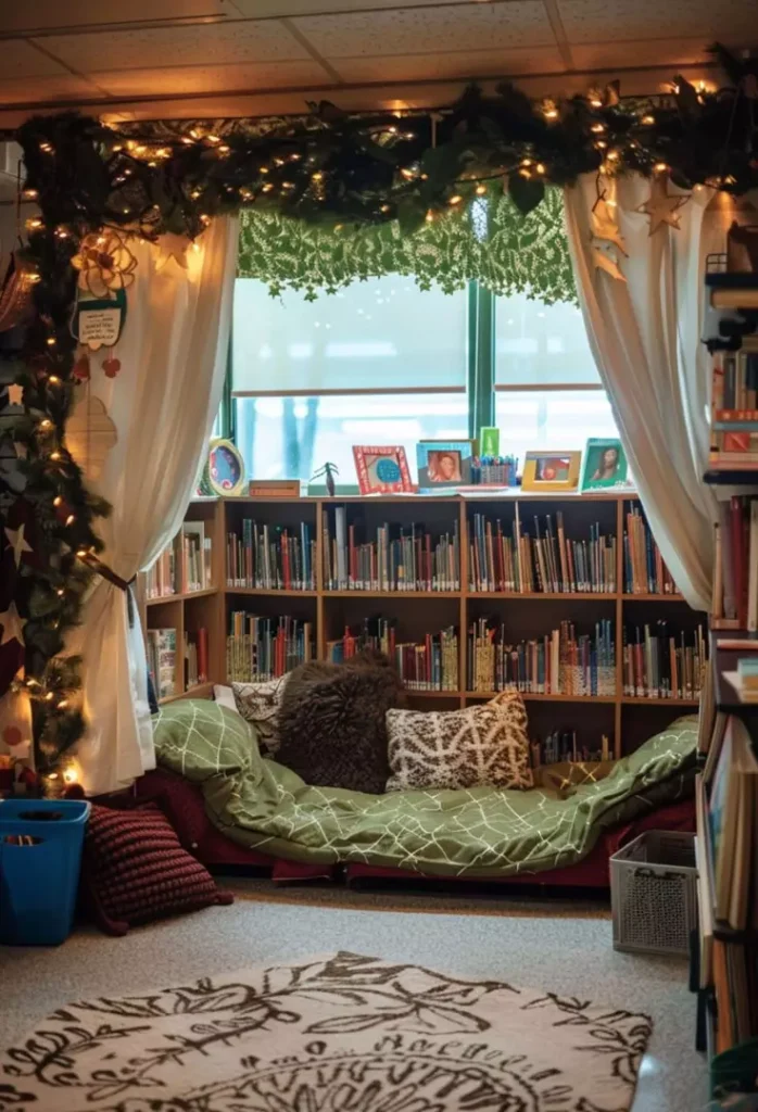 Classroom Reading Nook Framed By Fairy Light Garland And Curtains With A Wall Of Bookshelves